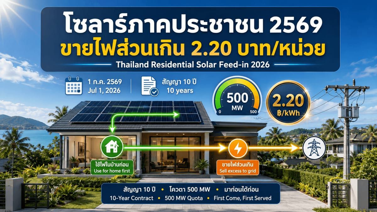 โซลาร์ภาคประชาชน 2569: สมัครขายไฟส่วนเกิน 2.20 บาท/หน่วยยังไง ก่อนโควตา 500 MW หมด